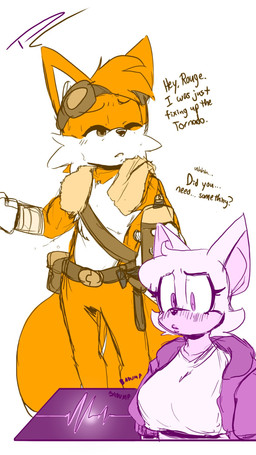 aged_up anthro belt blush canteen clothed clothing duo eyewear featureless_crotch female fully_clothed gloves goggles handwear heartbeat jacket male male/female mostly_nude shirt topwear towel utility_belt fakeryway sega sonic_the_hedgehog_(series) miles_prower rouge_the_bat bat canid canine fox mammal 9:16 hi_res