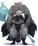 axe big_breasts black_body black_fur black_hands blush breasts clothing erect_nipples female fluffy fluffy_ears fluffy_tail fur grey_body grey_fur grey_hair hair hair_over_eye nipple_outline nipples short_stack solo tail thick_thighs tight_clothing topwear weapon weapon_on_shoulder wide_hips healingpit atlyss poon_(atlyss) absurd_res hi_res