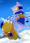 anthro blue_body blue_fur bottomless butt clothed clothing cloud coat day eyewear fur goggles inner_ear_fluff looking_at_viewer male moon open_mouth outside smile snow snowboard snowboarding solo teeth tongue topwear tuft yellow_eyes ehime_mikan bemani konami pop'n_music ollie_(pop'n_music) felid mammal pantherine snow_leopard hi_res