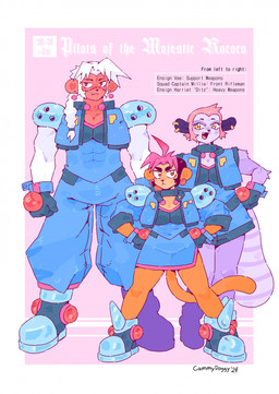 abs ahoge anthro armor biped clothing ear_piercing ear_ring female footwear group hair markings mech_suit piercing pink_background ring_piercing shoes simple_background spiky_hair standing striped_markings striped_tail stripes tail tail_markings text trio white_text cammypuppy haplorhine mammal monkey primate 2024 dated english_text hi_res signature