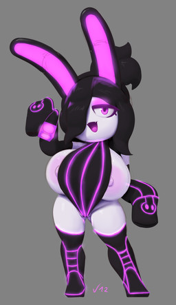 anthro areola areola_slip armwear big_areola big_breasts biped black_clothing black_hair boots breasts clothed clothing cute_fangs detached_sleeves eyelashes fangs female footwear front_view glowing grey_background hair holding_object ineffective_clothing long_ears looking_at_viewer monotone_body narrowed_eyes nipple_slip nipples one_eye_obstructed open_mouth pink_eyes ponytail shoes side_boob simple_background solo standing teeth thick_thighs white_body wide_hips dibujosv12 lagomorph leporid mammal rabbit 2025 absurd_res digital_drawing_(artwork) digital_media_(artwork) hi_res