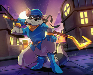 anthro arm_tuft boots brown_eyes clothing crouching elbow_tuft facial_markings footwear fur gloves grey_body grey_fur handwear hat head_markings headgear headwear male markings mask_(marking) night ring_(marking) ringed_tail shoes smile solo striped_markings striped_tail stripes tail tail_markings tuft komoroshi sly_cooper_(series) sony_corporation sony_interactive_entertainment sucker_punch_productions sly_cooper mammal procyonid raccoon 2026 hi_res
