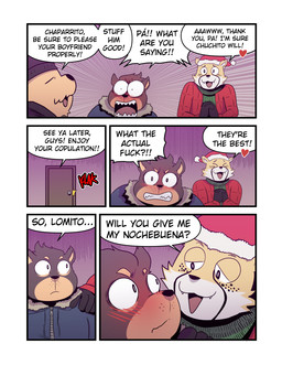 5_panel_comic advice anthro bedroom_eyes black_spots bloodshot_eyes blush brown_body christmas_clothing christmas_headwear clenched_teeth clothed clothing coat dialogue door embarrassed emotional eye_contact eyes_closed group hand_on_shoulder hands_together happy hat headgear headwear heart_symbol holidays inside jaw_drop looking_at_another male narrowed_eyes profanity santa_hat scarf seductive shocked speech_bubble spots teeth text topwear trio wide_eyed yellow_body t0l0k christmas jesus_(t0l0k) nacho_(t0l0k) canid canine canis cheetah chihuahua domestic_dog felid feline mammal toy_dog comic english_text hi_res multiple_scenes father_(lore) father_and_child_(lore) father_and_son_(lore) parent_(lore) parent_and_child_(lore) parent_and_son_(lore) son_(lore)