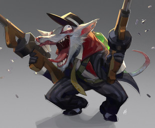 anthro belt buckteeth bulging_eyes bullet clothing crouching fangs gangster grey_background gun hat headgear headwear holding_gun holding_object holding_ranged_weapon holding_weapon insane male necktie pattern_clothing pinstripe_clothing pinstripe_suit ranged_weapon rat_tail sharp_teeth shooting_gun simple_background solo striped_clothing stripes submachine_gun tail teeth thompson_gun tongue tongue_out torn_ear weapon whiskers yelling kgynh league_of_legends riot_games tencent crime_city_twitch twitch_(lol) mammal murid murine rat rodent 2025 hi_res