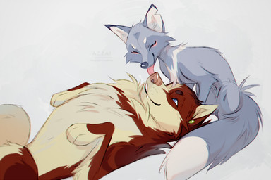black_eyebrows blue_body blue_eyes blue_fur cheek_tuft chest_tuft duo ear_piercing eyebrows eyes_closed facial_tuft female feral fur looking_at_another lying male male/female markings nose_lick on_back piercing pink_nose red_body red_fur red_markings romantic romantic_couple simple_background sitting size_difference smaller_female smile snout tail tan_body tan_fur tuft white_eyebrows white_markings azzai kallik_(enigmasyndrome) lavanda_(azzai) canid canine canis domestic_dog fox husky mammal nordic_sled_dog spitz colored colored_sketch digital_drawing_(artwork) digital_media_(artwork) hi_res sketch
