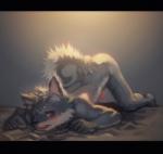 anthro ass_up blush countershading erection fur genitals grey_body grey_fur looking_at_viewer male nude penis simple_background solo tongue white_body white_fur lanoodles canid canine canis domestic_dog mammal