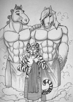 abs anthro big_muscles eyewear front_view fur glasses group hair head_tuft male male_anthro markings mouth_closed muscular muscular_anthro muscular_male pecs rectangular_glasses size_difference slim_anthro slim_male standing striped_arms striped_body striped_fur striped_markings striped_tail stripes tail tail_markings towel towel_around_waist trio tuft hufnaar hufnaar_(character) equid equine felid horse mammal pantherine tiger 2017 dated monochrome