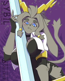 anthro antlers between_breasts big_breasts blue_eyes bodysuit breasts choker clothing dream_breaker_(pseudoregalia) eyelashes face_squish female female_anthro floppy_ears fur glistening glistening_breasts glowing glowing_eyes gold_(metal) gold_jewelry grey_body grey_fur grey_hair hair holding_object holding_weapon horn jacket jewelry leg_tuft looking_at_viewer looking_down lop_ears necklace object_between_breasts pupils skinsuit solo squish thigh_tuft tight_clothing topwear tuft unusual_pupils weapon sollenier pseudoregalia sybil_(pseudoregalia) bovid caprine felid feline goat hybrid jackalope lagomorph leporid mammal rabbit 2026 digital_drawing_(artwork) digital_media_(artwork) hi_res