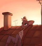 anthro bottomwear chimney clothed clothing denim denim_bottomwear denim_clothing digital_media_(artwork) enginetrap female hi_res jacket jeans looking_up lori_meyers lying mammal mouse murid murine night_in_the_woods pants rodent rooftop shaded smile solo sunset topwear