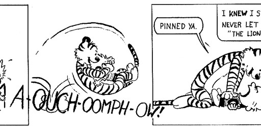 3_panel_comic :3 anthro dialogue duo male pinned pinned_to_ground playful shadow shocked text young young_male unicorn_(artist) calvin_and_hobbes calvin_(calvin_and_hobbes) hobbes felid human mammal pantherine tiger 1997 black_and_white comic digital_media_(artwork) english_text monochrome pixel_(artwork) signature tagme
