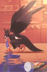 anthro beak beverage black_body black_feathers blurred_background crouching eyebrows eyelashes feathers licking looking_at_viewer male red_eyes self_lick solo spilled_drink tongue tongue_out rudragon avian bird 2022 digital_media_(artwork) hi_res