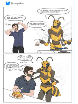 4_arms 4_fingers antennae_(anatomy) anthro arthropod_abdomen beard black_bottomwear black_clothing black_pants blue_clothing blue_shirt blue_topwear bottomwear brown_hair clothed clothing compound_eyes dialogue duo facial_hair female female_anthro fingers food fully_clothed fuzzy hair happy heart_eyes heart_symbol honey_(food) insect_wings male male/female male_human mandibles multi_arm multi_eye multi_limb ocellis open_mouth pancake pants plate ruff ruffling_hair shirt simple_background sitting spatula stretching text tools topwear white_background wings yawn warjenkins bluesky_(social_media) arthropod bee honey_bee human humanoid hymenopteran insect mammal 2025 absurd_res colored comic digital_media_(artwork) english_text hi_res signature