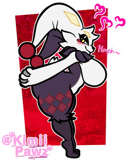 anthro big_breasts big_butt black_body black_fur black_nose blush breasts butt cheek_tuft eyelashes facial_tuft featureless_breasts female fur hands_behind_back heart_symbol jester looking_at_viewer markings multicolored_body multicolored_fur neck_tuft red_markings short_tail solo tail thick_thighs tiptoes tuft white_body white_fur yellow_eyes yellow_markings kimiipawz palworld pocketpair dupin_(pal) lagomorph leporid mammal pal_(species) rabbit hi_res
