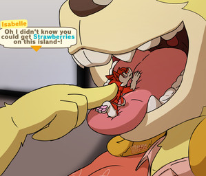 extreme_size_difference female imminent_vore in_mouth mawplay micro on_tongue size_difference teeth text tongue uvula vore ifra animal_crossing nintendo isabelle_(animal_crossing) nova_catherina_(ultimated) bat canid canine mammal microbat sergal english_text hi_res