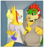 anthro border clothed clothing dildo duo gift male male/male sex_toy white_border moche mario_bros nintendo bowser dodger_akame_(character) canid canine canis koopa mammal reptile scalie turtle wolf hi_res