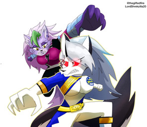 action_scene anthro big_breasts black_bodysuit black_clothing black_skinsuit blue_bodysuit blue_clothing blue_skinsuit bodysuit breasts clothing cosplay crossover_cosplay duo eyeshadow female fight fist fur glowing glowing_eyes green_highlights grey_hair hair hair_over_eye highlights_(coloring) lipstick long_hair makeup multicolored_bodysuit multicolored_clothing multicolored_skinsuit pink_hair purple_body purple_bodysuit purple_clothing purple_eyeshadow purple_fur purple_lipstick purple_skinsuit red_sclera simple_background skinsuit tail text tight_clothing translucent translucent_hair twitter_handle two_tone_bodysuit two_tone_clothing two_tone_skinsuit white_background white_body white_bodysuit white_clothing white_eyes white_fur white_skinsuit yellow_eyes thegiftedfire five_nights_at_freddy's five_nights_at_freddy's:_security_breach hellaverse helluva_boss hyakujuu_sentai_gaoranger juken_sentai_gekiranger mythology power_rangers power_rangers_jungle_fury power_rangers_wild_force scottgames steel_wool_studios super_sentai loona_(helluva_boss) roxanne_wolf canid canid_demon canine canis demon hellhound mammal mythological_canine mythological_creature wolf 2026 artist_name crossover hi_res