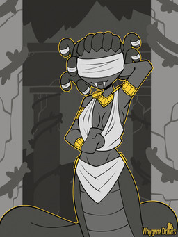 accessory apode areola blindfold breast_jiggle breasts clothing clothing_between_breasts clothing_pull detailed_background fangs female fingers flashing flashing_breasts front_view hair jiggling legless living_hair medium_breasts navel nipples pseudo_hair scales serpentine smile snake_hair split_form standing teeth topwear topwear_pull whygena european_mythology greek_mythology mythology draconcopode gorgon lamia reptile scalie snake 2025 3:4 animated