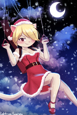 anthro biped blonde_hair blush blush_lines breasts christmas_clothing christmas_headwear closed_smile clothing crescent_moon dress eyebrows female footwear front_view fur hair hair_over_eye hat headgear headwear holidays medium_breasts moon mouth_closed night outside parachute parachuting pink_nose red_clothing red_dress red_footwear santa_hat short_hair smile snow snowing solo tan_body tan_fur lumineko christmas domestic_cat felid feline felis mammal 2025