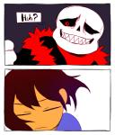 alternate_universe black_background bone brown_hair clothing dialogue duo eyes_closed grin hair not_furry question_mark red_eyes sharp_teeth simple_background skeleton smile teeth text white_background knocker12 underfell undertale undertale_(series) frisk_(undertale) protagonist_(underfell) sans_(underfell) animated_skeleton human humanoid mammal undead 2015 comic digital_media_(artwork) english_text