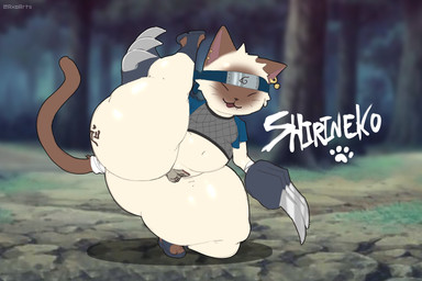 accessory anthro armor bell bell_ear_ring big_butt black_clothing black_crop_top black_footwear black_nose black_sandals black_shirt black_topwear blue_clothing blue_crop_top blue_shirt blue_topwear body_writing brown_body brown_ears brown_fur brown_tail butt clothing crop_top ear_piercing ear_ring eyes_closed fangs footprint footwear forehead_protector forest fur furgonomics gauntlet_blades gauntlets gauntlets_(weapon) gloves grey_clothing grey_crop_top grey_shirt grey_topwear hair handwear headband maebari male multicolored_body multicolored_clothing multicolored_crop_top multicolored_fur multicolored_shirt multicolored_topwear ninja ofuda ofuda_on_balls ofuda_on_penis outside pawprint piercing plant pose ring_piercing sandals sharp_teeth shirt shoes small_bulge smile solo stretching stretching_legs tail tail_accessory tailband talisman teeth text thick_thighs tongue tongue_out topwear tree two_tone_body two_tone_fur warrior whiskers white_body white_fur white_hair writing_on_butt axoarts domestic_cat felid feline felis mammal 2026 artist_name character_name digital_media_(artwork) hi_res