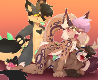 anthro antlers balls big_penis blush bodily_fluids brown_body brown_fur butt claws drooling ear_piercing erection facial_piercing feet fluffy fluffy_butt fluffy_tail frottage fur genital_fluids genitals group group_sex hair hindpaw horn hot_dogging humanoid_genitalia humanoid_penis looking_back male male/male nose_piercing nude open_mouth pawpads paws penile penis penises_touching piercing precum profanity ring_piercing saliva sandwich_position sex simple_background smile spiked_tail spikes spikes_(anatomy) tail teeth text toe_claws toes tongue tongue_out trio yellow_eyes yellow_sclera backsash ekolt_(character) kotoro_(kotokitten) canid canine canis deer felid feline felis hybrid lynx mammal 2023 digital_media_(artwork) english_text hi_res