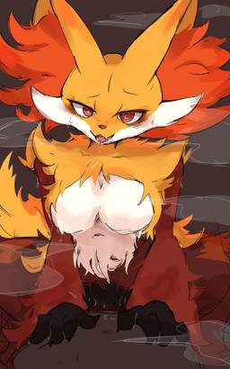 anthro big_breasts bodily_fluids breasts claws drooling eye_bags fangs female female_anthro fur heart_pupils heart_symbol looking_at_viewer navel open_mouth orange_body orange_fur red_body red_fur saliva smile steam straddling sweat tears teeth white_body white_fur yellow_body yellow_fur izon448 nintendo pokemon canid canine delphox fox generation_6_pokemon mammal pokemon_(species) 2026 5:8 absurd_res hi_res