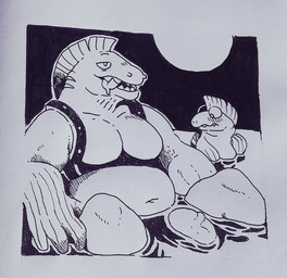 ambiguous_gender anthro belly big_belly blush bodily_fluids clothed clothing drooling duo fangs fin genitals gills hair half-closed_eyes humanoid_genitalia humanoid_penis liquid male male/ambiguous male/male narrowed_eyes navel nude open_mouth overweight partially_clothed penis saliva semi-anthro sharp_teeth simple_background size_difference smile stare teeth tongue tongue_out vein veiny_penis voyeur glitter_trap_boy nintendo splatoon aquatic chum_(splatoon) cohock_(splatoon) fish salmonid_(splatoon) 2017 black_and_white digital_media_(artwork) monochrome