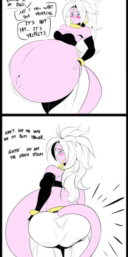 armwear belly big_belly black_border blush border breasts butt cleavage clothed clothing ear_piercing expansion female hair humanoid_pointy_ears hyper hyper_pregnancy jewelry long_hair navel not_furry piercing pink_body pink_skin pointy_ears pregnant pregnant_female pregnant_humanoid solo stuffing weight_gain white_hair vale-city dragon_ball dragon_ball_fighterz android_21 majin_android_21 alien alien_humanoid humanoid majin absurd_res hi_res