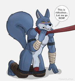 all_fours anthro asphyxiation balls big_balls big_penis blush bottomwear bottomwear_down choking clothed clothing erection fluffy fluffy_tail genitals humanoid_genitalia humanoid_penis improvised_leash leash leash_pull male pants pants_down partially_clothed penis scarf solo tail wraps lewd_latte dragon_ball dragon_ball_super bergamo canid canine canis mammal wolf hi_res