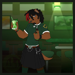 5_fingers absinthe_(drink) alcohol anthro beard belt bendy_straw beverage black_hair black_nose blue_eyes border bottle bottomwear brown_body brown_fur chain chain_accessory clothed clothing container countertop cup dreadlocks drinking_straw ear_piercing facial_hair fingers footwear fully_clothed fur furniture green_border hair holding_bottle holding_container holding_cup holding_glass holding_object inside kilt legwear looking_at_viewer male muscular muscular_male piercing red_hair shirt short_hair smile socks solo standing stool t-shirt table topwear stonecircle herpestid mammal mongoose 1:1 portrait three-quarter_portrait