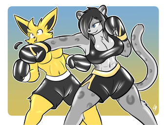 abs anthro boxing boxing_gloves boxing_shorts bra clothed clothing duo female female_anthro hair hair_over_eye handwear male male_anthro mouthguard muscular muscular_anthro muscular_female muscular_male pokemorph punch shirtless shirtless_anthro shirtless_female simple_background sport sports_bra topless topless_anthro topless_male underwear the_k9_empire vulpinecrew nintendo pokemon eeveelution felid generation_1_pokemon jolteon mammal pantherine pokemon_(species) snow_leopard absurd_res hi_res