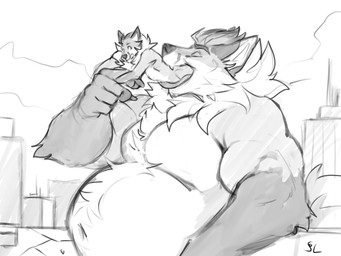 anthro anthro_pred anthro_prey arm_tuft bared_teeth belly belly_tuft big_belly cheek_tuft chest_tuft duo elbow_tuft eyes_closed facial_tuft fangs in_mouth macro male male_anthro male_pred male_prey neck_tuft nude oral_vore outside overweight overweight_anthro overweight_male size_difference teeth tuft vore solaxe_(artist) canid canine fox mammal 4:3 absurd_res hi_res monochrome sketch