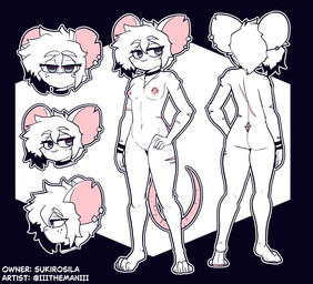 4_toes anthro areola arm_scar back_scar barbell_piercing biped black_choker black_highlights black_jewelry black_necklace blue_eyes breasts cartoon_freckles choker ear_piercing feet female female_anthro freckled_face freckled_legs freckled_shoulders freckled_thighs freckles front_view fur genitals hair half-closed_eyes hand_on_hip hand_on_own_hip highlights_(coloring) jewelry leg_scar narrowed_eyes navel necklace nipple_dip nipple_piercing nipples notched_ear nude nude_anthro nude_female piercing rear_view scar short_hair slim slim_anthro slim_female small_breasts solo standing tail text thigh_scar toes ventral_groove vulva white_body white_fur white_hair the_man mammal mouse murid murine rodent 2026 absurd_res artist_name digital_drawing_(artwork) digital_media_(artwork) hi_res model_sheet