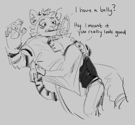 anthro bottomwear clothing cuddling dialogue duo ear_piercing facial_piercing fur hair lip_piercing male male/male piercing realization text topwear salivahero dawn_chorus arvo_(dawn_chorus) jorgen_(dawn_chorus) bat felid mammal pantherine tiger english_text hi_res monochrome