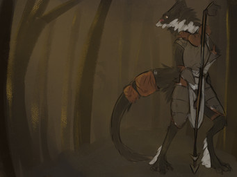 anthro armor black_body black_fur breastplate clothing detailed_background female forest fur leather leather_strap melee_weapon plant polearm saddle_bag scar solo spear straps tree weapon white_body white_fur differbb sergal 4:3 hi_res