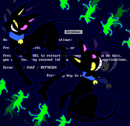 black_body black_fur blue_background blue_screen_of_death collar feral fur heterochromia simple_background solo text unknown_artist deltarune undertale_(series) friend_(deltarune) domestic_cat felid feline felis mammal 2025 hi_res