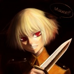 blonde_hair clothing dagger dialogue gradient gradient_background grin hair holding_object holding_weapon knife male melee_weapon military military_uniform nazi red_eyes short_hair simple_background smile solo speech_bubble text uniform weapon akubi_(fyfy) hellsing schrodinger_(hellsing) animal_humanoid cat_humanoid felid felid_humanoid feline feline_humanoid humanoid mammal mammal_humanoid 1:1 bust_portrait portrait