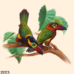 beak blue_body blue_feathers blue_tail_feathers branch duo feathers feral green_body green_feathers green_tail_feathers leaf markings multicolored_body multicolored_feathers on_branch perching red_beak red_body red_feathers simple_background tail tail_feathers teal_markings white_background yellow_markings alexpahomov avian bird golden-collared_toucanet toucan 1:1 2025 digital_media_(artwork) digital_painting_(artwork) painting_(artwork)
