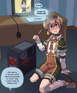 blush brown_hair clothed clothing collar computer computer_mouse electronics green_collar hair holding_object holding_screwdriver holding_tool horn inside kneeling male male_humanoid monitor not_furry open_mouth screwdriver short_hair solo spiral_pupils tan_body tan_skin text tools yellow_eyes riddlr humanoid english_text hi_res