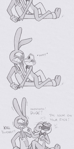 anthro blush bow_tie caine_censorship censor_bar censored_text clothing dialogue duo flustered grawlixes hand_on_face heart_symbol homophobic_slur laugh male male/male naturally_unclothed overalls slur straddling suicide_baiting teasing text lockerobster glitch_productions the_amazing_digital_circus jax_(tadc) ribbit_(tadc) amphibian frog lagomorph leporid mammal rabbit 2025 absurd_res english_text hi_res monochrome traditional_media_(artwork)