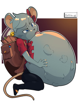 accessory ambiguous_gender ambiguous_prey anthro backpack belly big_belly biped black_bottomwear black_clothing black_nose black_pants blue_eyes body_outline bottomwear bow_ribbon clothed clothing eyebrows female female_pred fur grey_body grey_fur grey_hair hair hair_accessory hair_bow hair_ribbon hand_outline huge_belly hyper hyper_belly kneeling open_mouth pants partially_clothed red_clothing red_shirt red_topwear ribbons shirt short_hair side_view simple_background solo teeth tongue tongue_out topwear vore nanuna backpack_hero purse_(backpack_hero) mammal murid murine rat rodent 2026