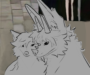 ambiguous_gender big_ears cheek_tuft clenched_teeth facial_tuft female feral fur hair horn male male/female simple_background size_difference spikes spikes_(anatomy) teeth teeth_showing tuft hazed01 epos_morvos_(character) shay_(hazed) bat canid canine fox hybrid mammal hi_res meme sketch