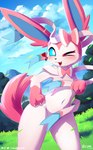2020 anthro artist_name biped blue_sclera blush bow_(anatomy) claws cloud convenient_censorship covering covering_chest covering_crotch cute_fangs dated digital_media_(artwork) eeveelution female finger_claws fur generation_6_pokemon grass hair_bow_(anatomy) hand_on_hip hand_on_own_hip handpaw heart_symbol hi_res looking_at_viewer lunesnowtail mountain navel neck_bow_(anatomy) nintendo nude one_eye_closed open_mouth paws pink_body pink_fur plant pokemon pokemon_(species) ribbons_(anatomy) shaded sky solo standing sylveon white_body white_eyes white_fur wink winking_at_viewer