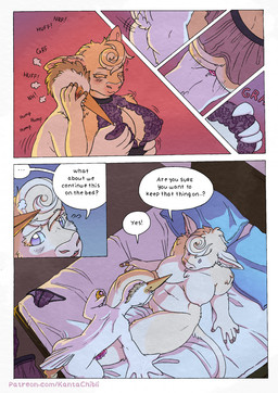 5_fingers anthro anthro_on_anthro bed bedroom blush breast_fondling breast_play breasts butt clothed clothed/nude clothed_anthro clothed_female clothed_to_nude clothing cock_warmer dialogue discarded_clothing discarded_panties discarded_underwear duo ellipsis erection feathers female fingers fondling frustrated fur furniture genitals hand_on_breast humanoid_hands interspecies lingerie lube lying lying_on_bed male male/female navel nipples nude nude_anthro nude_female nude_male on_back on_bed panties penis penis_clothing sex sexual_frustration speech_bubble standing tail tan_body tan_fur text thigh_sex translucent translucent_clothing underwear vulva white_body white_feathers kantachibli clover_(kantachibli) phillip_(kantachibli) avian bird bovid bovine cattle heron mammal pelecaniform comic english_text hi_res url