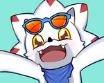 anthro bandai_namco blush claws digimon digimon_(species) digimon_ghost_game eyewear eyewear_on_head gammamon horn kerchief male neckerchief open_mouth open_smile rustydu98 smile solo spread_arms sunglasses sunglasses_on_head white_body yellow_eyes