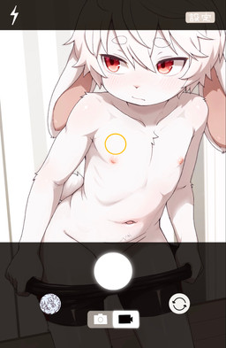 anthro black_bottomwear black_clothing black_shorts blush bottomwear censored_genitalia censored_penis clothed clothing creative_censorship embarrassed fur hair inside male navel nipples recording_video red_eyes shorts solo tail topless topless_male undressing_self white_body white_fur white_hair young young_anthro young_male kochi662368621 lagomorph leporid mammal rabbit 2026 censored hi_res japanese_description