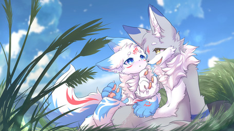 anthro big_eyes biped blue_body blue_eyes blue_fur cute_fangs duo fangs fur grey_body grey_fur kemono male markings red_markings slim_anthro slim_male teeth white_body white_fur yellow_eyes hlg7777 canid canine fox mammal 16:9 2020 4k absurd_res hi_res widescreen
