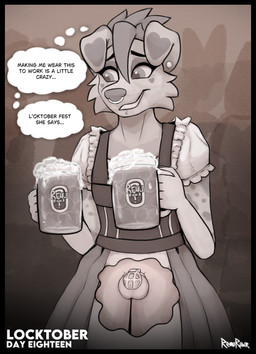 alcohol anthro balls barmaid beer beverage black_border border chastity_cage chastity_device clothed clothing crowd dialogue genitals group gynomorph intersex penis public solo speech_bubble text translucent translucent_clothing x-ray_view remurawr locktober honey_(remurawr) australian_shepherd canid canine canis domestic_dog herding_dog mammal pastoral_dog sheepdog absurd_res comic english_text hi_res