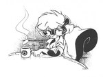 anthro beverage clothed clothing coffee coffee_mug eyewear female fluffy fluffy_tail food glasses gloves_(marking) looking_at_viewer markings morning shirt sitting slice_of_life smile solo tail tired topwear tousled waking_up eric_schwartz sabrina_online sabrina_(sabrina_online) mammal mephitid skunk striped_skunk 1994 4:3 greyscale monochrome