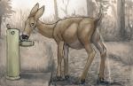 bodily_fluids brown_body brown_eyes brown_fur butt detailed_background drinking drinking_fountain female feral fountain fur genital_fluids genitals hooves nude outside peeing pussy solo urine water water_fountain difetra deer mammal 2018 traditional_media_(artwork)